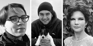 Portraits in schwarz-weiss von drei jungen Studierenden, die im Krieg getötet wurden