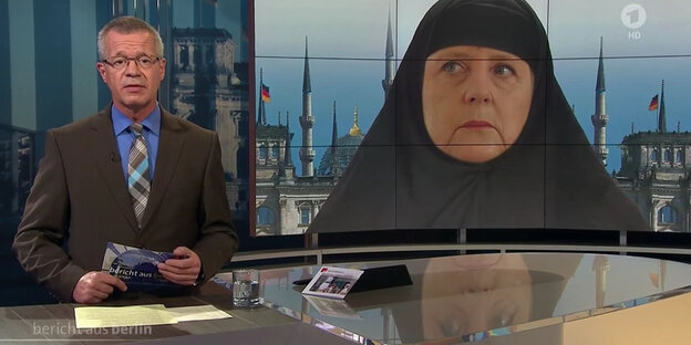 Ein Ausschnitt aus dem "Bericht aus Berlin", der Merkel mit Kopftuch zeigt.