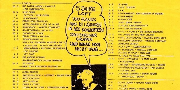 Dieser Flyer zeigt die am Loft beteiligten Personen und die Konzerte, die dort 1983 stattfanden