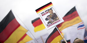 Deutschlandflaggen auf einer Demonstration von Rechtsextremen. In der Bildmitte wird ein Plakat mit der Aufschrift "Sag auch du nein zur Lügenpresse" hoch gehalten.