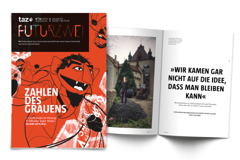 Cover der neuen Futurzwei, mit Graf Zahl aus der Sesamstraße auf dem Cover und der Überschrift: "Zahlen des Grauens". Daneben ein aufgeschlagenes Heft mit einem Artikel-Preview.