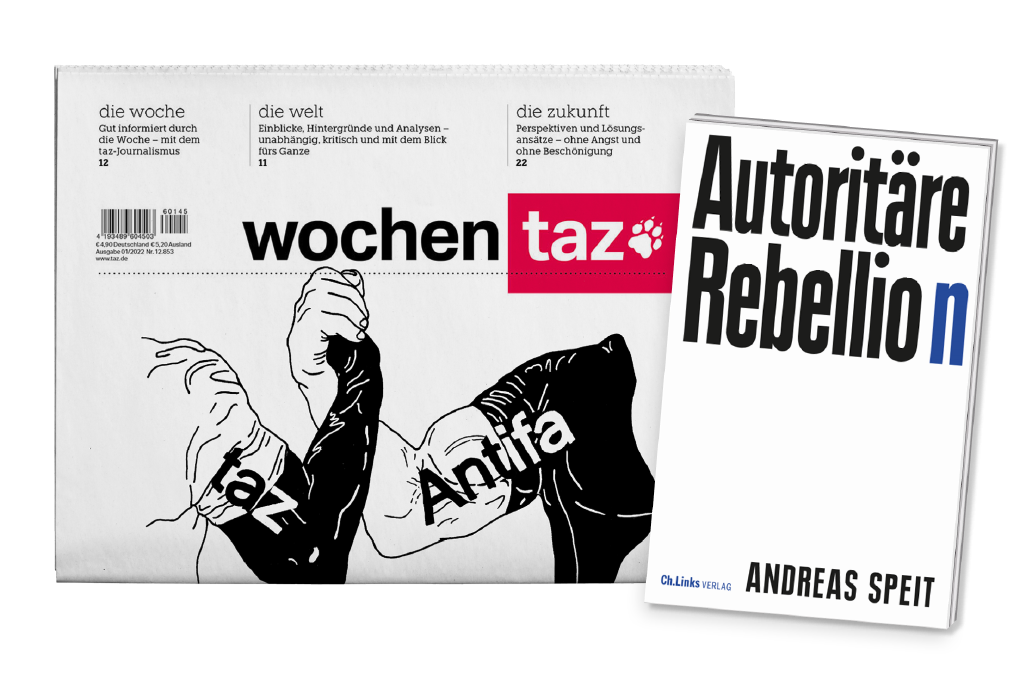 Fotomontage eines wochentaz-Titels und dem Buchcover „Autoritäre Rebellion“ von Andreas Speit