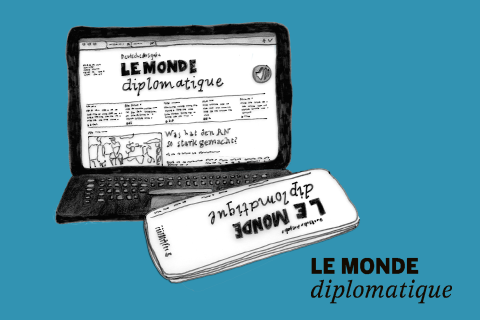 Illustration eines Laptops auf dessen Screen die digitale Ausgabe der LMd zu sehen ist. Auf der Tastatur des Laptops liegt eine zusammengerollte LMd-Papierausgabe