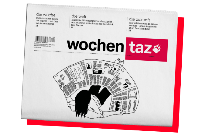 Ein Packshot der Wochentaz-Zeitung mit einer neutralen Illustration auf der Titelseite.