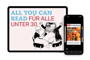 Foto eines iPads auf dessen Screen "All you can read – für alle unter 30“ steht, sowie eines iPhones, auf dessen Screen der Titel einer taz-Ausgabe zu sehen ist