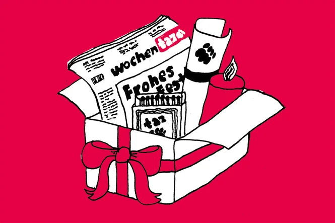 Eine Illustration, ein offenes Weihnachtspaket, das eine taz Zeitung, eine Kerze, Streichhölzer und eine Urkunde beinhaltet