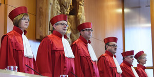 Bundesverfassungsrichter in roten Roben stehen in einer Reihe