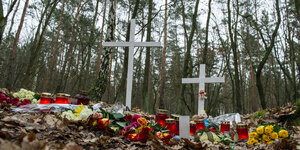 Kreuze im Wald an der Stelle, wo die Leiche der Schwangeren von Spaziergängern gefunden wurde.