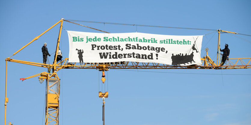 Kran, auf dem ein paar Menschen stehen, die dort ein Transparent befestigt haben, Aufschrift: "Bis jede Schlachtfabrik stillsteht: Protest, Sabotage, Widerstand!"