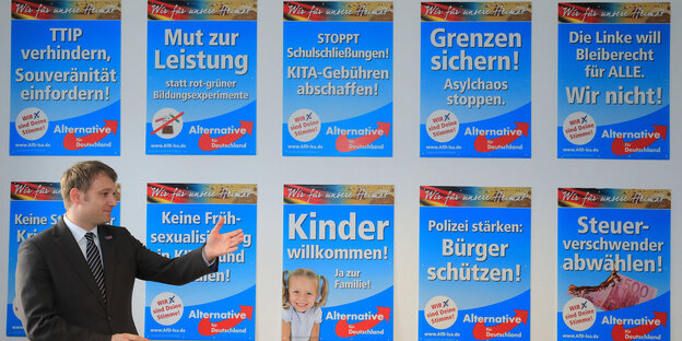 AfD-Mann steht vor AfD-Wahlplakaten