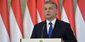 Ministerpräsident Viktor Orban vor Fahnen