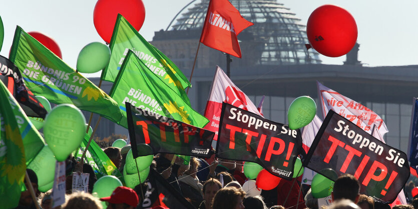 Menschen mit Fahnen und Luftballons bei einer Demonstration