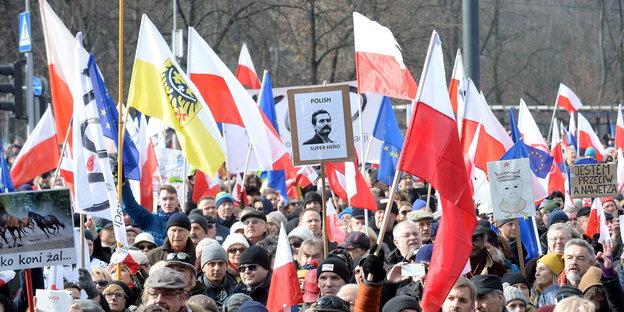 Viele Menschen mit Fahnen und einem Bild von Lech Walesa