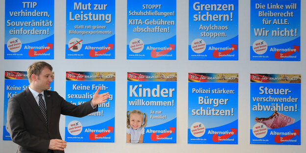 AfD-Politiker Poggenburg vor Wahlplakaten der AfD.