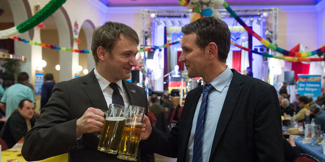 Die AfD-Politiker Poggenburg und Höcke stoßen mit Bier an. Im Hintergrund eine Karnevalkulisse.