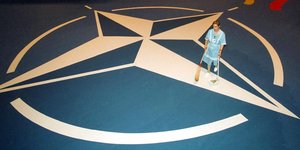 Frau saugt Teppich mit Nato-Symbol