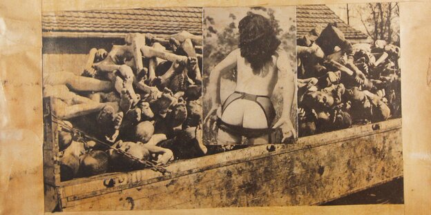 Ein Foto seiner nakten Frau auf ein Foto eines Laster mit Leichen geklebt