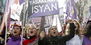 Frauen gröhlen mit Schildern auf einer Demonstration
