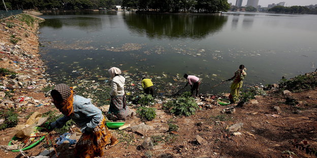 Mehrere Männer und Frauen tragen Müll und Dreck aus einen See.
