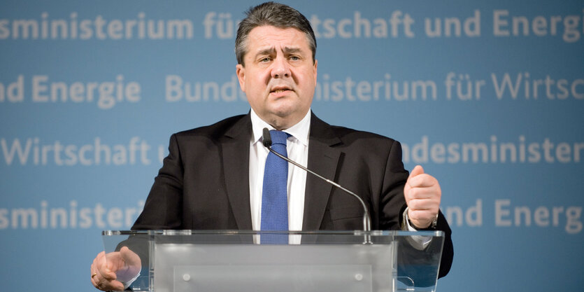 Sigmar Gabriel steht vor einem Mikrofon