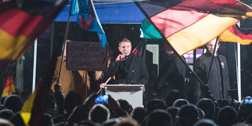 Björn Höcke spricht ins Mikro, vor ihm schwenkt das Publikum Deutschlandfahnen