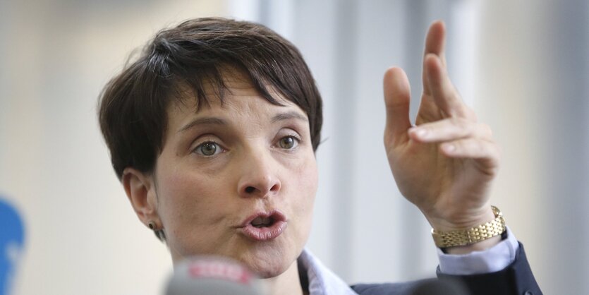 Frauke Petry gestikuliert auf einer Pressekonferenz