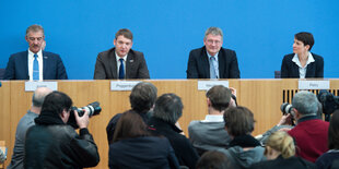 AfD-Politiker sitzen auf einem Podium, davor stehen Fotografen.