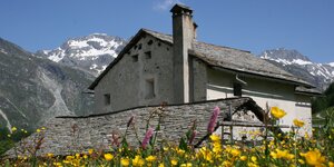 Haus mit Giebeldach vor Bergkulisse mit blühenden Blumen davor