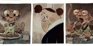 Ausschnitt aus dem Comic Ozean der Liebe, ein alter Mann der isst und eine Frau mit Spitzenhäubchen