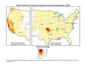 Eine Karte zeigt US-Staaten, in denen die Gefahr für Erdbeben zwischen einem und 12 Prozent liegen: Oklahoma, Kansas, Texas, Colorado, New Mexico und Arkansas