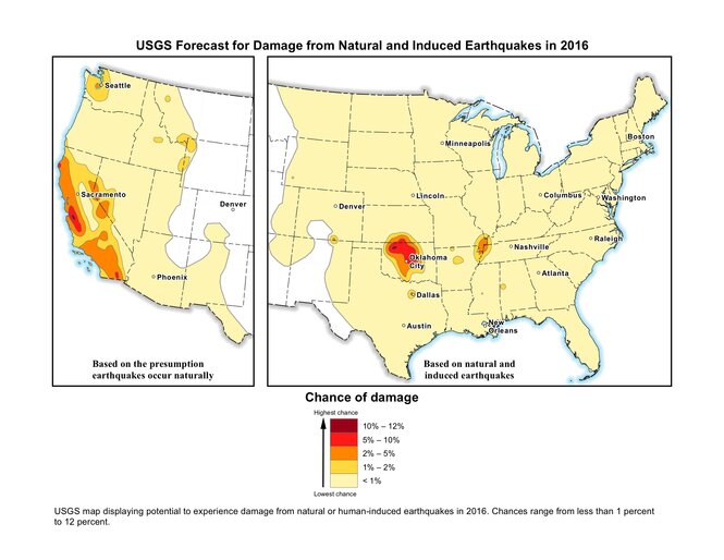 Eine Karte zeigt US-Staaten, in denen die Gefahr für Erdbeben zwischen einem und 12 Prozent liegen: Oklahoma, Kansas, Texas, Colorado, New Mexico und Arkansas