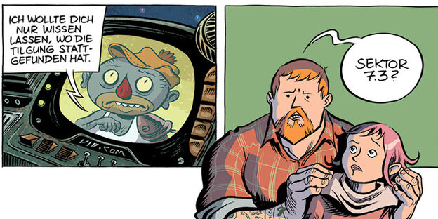 Zwei Comic Panels. Im linken spricht ein Außerirdischer, im rechten ein Mann mit Bart Zwei Comic Panels. Im linken spricht ein Außerirdischer, im rechten ein Mann mit Bart