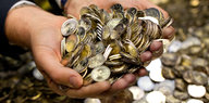 Zwei Hände halten viele Euromünzen, im Hintergrund sind noch mehr Münzen