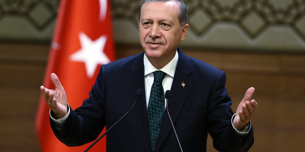 Ein Mann steht vor der türkischen Flagge an einem Rednerpult und gestikuliert mit beiden Händen. Es ist der türkische Präsident Erdogan
