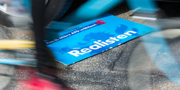Ein halbes Wahlplakat der AfD liegt unter einem Auto