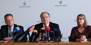 Burkhard Lischka, Rainer Haselhoff und Claudia Dalbert sitzen hinter Mikrofonen