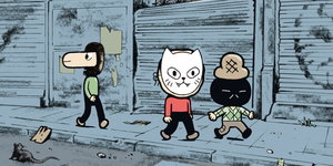drei Comic-Figuren laufen eine schäbige Straße entlang