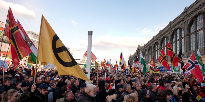 Teilnehmer einer Pegida-Kundgebung auf dem Wienerplatz am Hauptbahnhof in Dresden am 25. April 2016