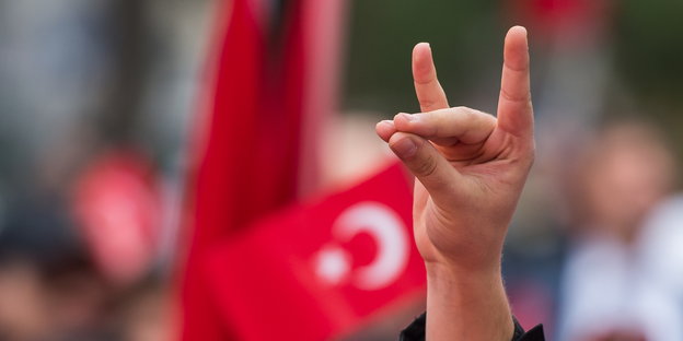 eine Hand, kleiner und Zeigefinger zeigen nach oben, die restlichen nach vorne, im Hintergrund eine türkische Fahne