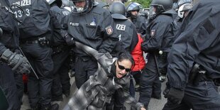 Viele Polizisten und eine Demonstrantin