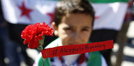 Ein Junge mit einer Nelke vor einer syrischen Flagge und dem Hashtag #AleppoIsBurning