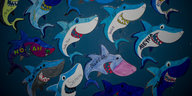 Eine Wand der Rütli-Schule mit aufgemalten Haifischen und den Namen der SchülerInnen auf den Haien