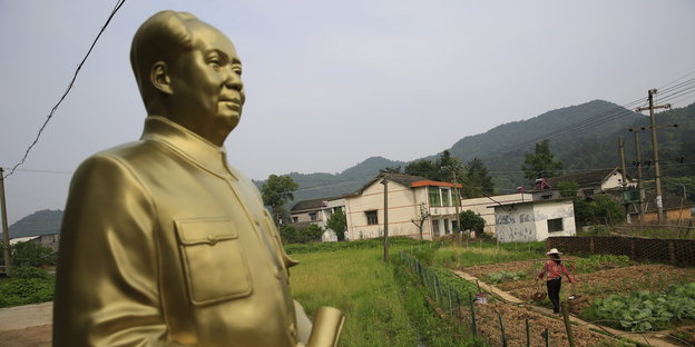 goldene Mao-Statue, dahinter Felder und ein Haus mit Giebeldach