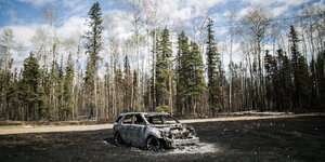 Ein ausgebranntes Auto im Wald