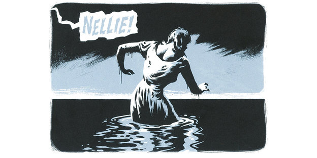 eine gezeichnete Frau läuft nachts ins Wasser, dabenen eine Sprechblase: „Nellie!“