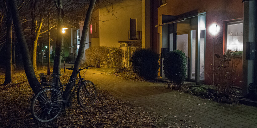 Ein Fahrrad lehnt im Dunkeln an einem Baum