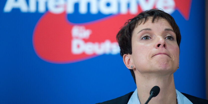 Frauke Petry steht vor einem Mikrofon