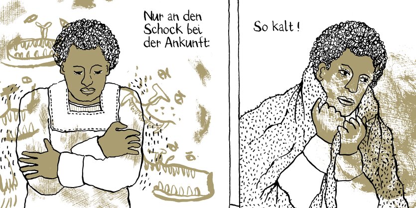 Ausschitt aus dem Comic Madgermanes, zwei Panels, die eine Person zeigen, der kalt ist