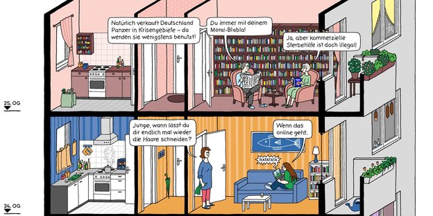 Ein Comic, der das Leben in einem Hochhaus zeigt