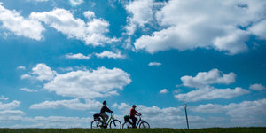 Zwei Radfahrer sind bei sonnigem Wetter auf dem Elbe-Radweg unterwegs